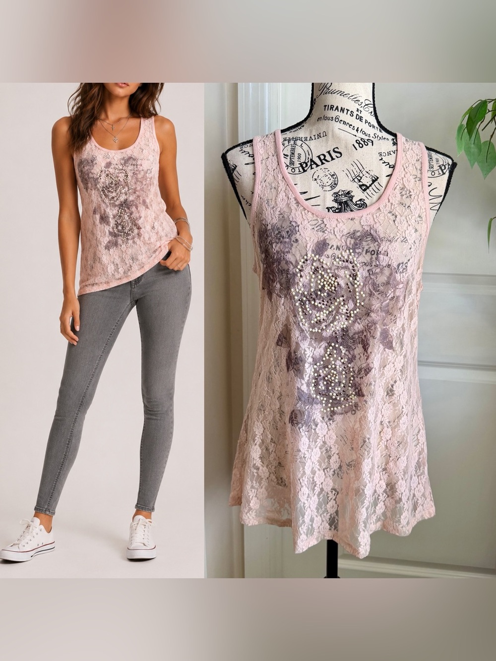 American Rag Beaded Pearl Stud Sleeveless Lace Top Pink Sz XL
